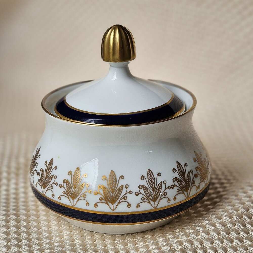 Rare vintage Weimar Porcelain Sugar Jar, German Real Cobalt Harmonie 50's‎